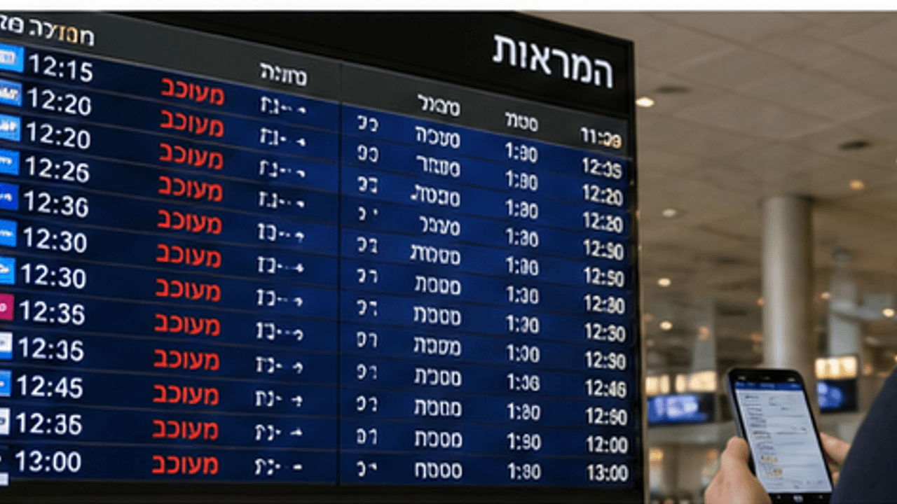 נוסע מול לוח טיסות מעוכבות בשדה התעופה